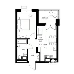 1-к квартира, вторичка, 51м2, 20/21 этаж