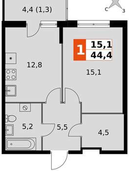 1-к квартира, вторичка, 44м2, 1/24 этаж