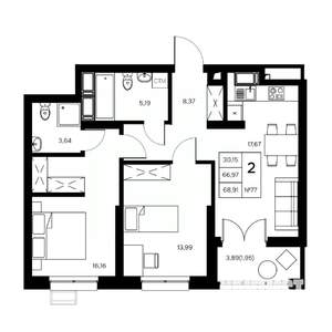 2-к квартира, вторичка, 69м2, 17/21 этаж