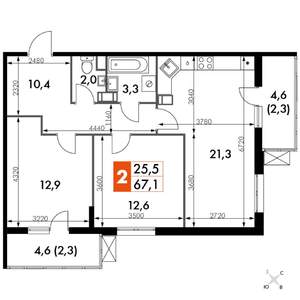 2-к квартира, вторичка, 67м2, 9/24 этаж