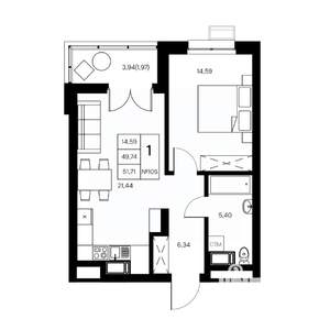 1-к квартира, вторичка, 52м2, 3/21 этаж