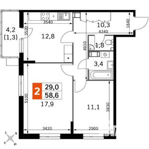 2-к квартира, вторичка, 59м2, 2/22 этаж