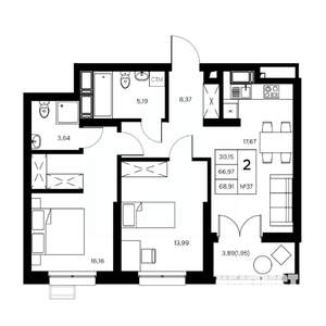2-к квартира, вторичка, 69м2, 9/21 этаж