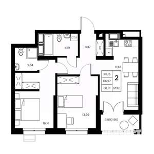 2-к квартира, вторичка, 69м2, 8/21 этаж