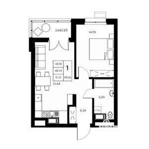 1-к квартира, вторичка, 52м2, 9/21 этаж