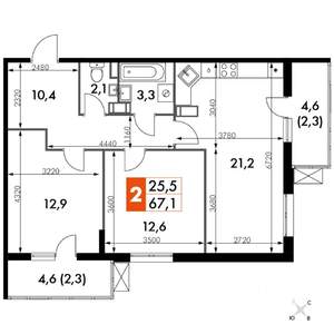 2-к квартира, вторичка, 67м2, 22/22 этаж