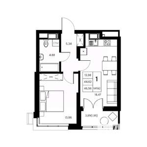 1-к квартира, вторичка, 47м2, 20/21 этаж