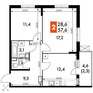 2-к квартира, вторичка, 57м2, 13/24 этаж