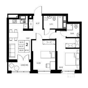 2-к квартира, вторичка, 70м2, 5/21 этаж
