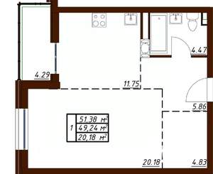 1-к квартира, вторичка, 51м2, 9/19 этаж