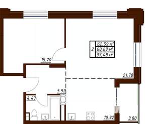 2-к квартира, вторичка, 63м2, 6/19 этаж