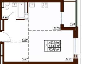 1-к квартира, вторичка, 48м2, 2/19 этаж