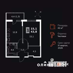 1-к квартира, вторичка, 44м2, 12/24 этаж