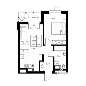 1-к квартира, вторичка, 52м2, 14/21 этаж