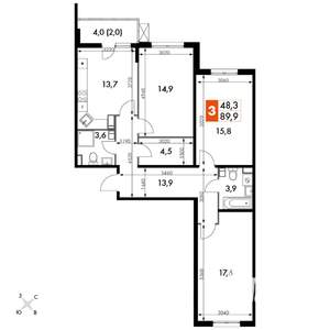 3-к квартира, вторичка, 90м2, 13/22 этаж