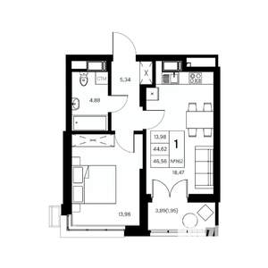 1-к квартира, вторичка, 47м2, 14/21 этаж