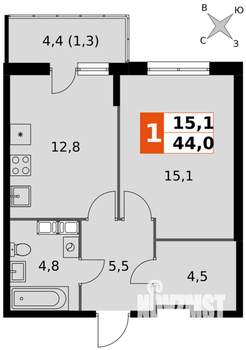 1-к квартира, вторичка, 44м2, 7/24 этаж
