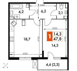 1-к квартира, вторичка, 48м2, 22/25 этаж