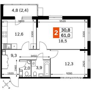 2-к квартира, вторичка, 61м2, 7/22 этаж