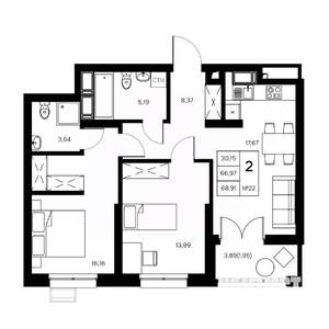 2-к квартира, вторичка, 69м2, 6/21 этаж