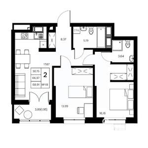 2-к квартира, вторичка, 69м2, 5/21 этаж