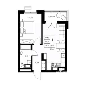 1-к квартира, вторичка, 52м2, 5/21 этаж
