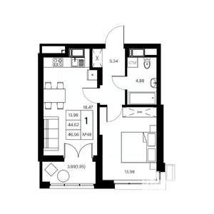 1-к квартира, вторичка, 47м2, 11/21 этаж