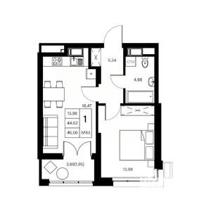 1-к квартира, вторичка, 47м2, 18/21 этаж