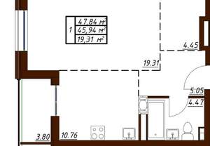 1-к квартира, вторичка, 48м2, 9/19 этаж