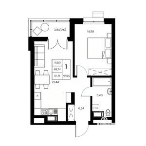 1-к квартира, вторичка, 51м2, 9/21 этаж