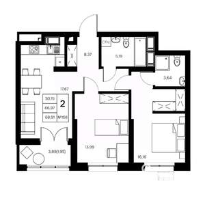 2-к квартира, вторичка, 69м2, 13/21 этаж