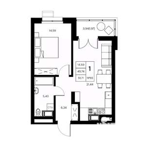 1-к квартира, вторичка, 52м2, 12/21 этаж