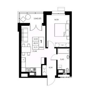 1-к квартира, вторичка, 52м2, 18/21 этаж