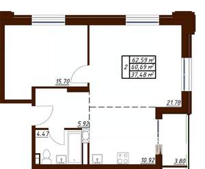 2-к квартира, вторичка, 63м2, 7/19 этаж
