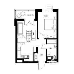 1-к квартира, вторичка, 52м2, 13/21 этаж