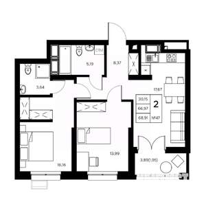 2-к квартира, вторичка, 69м2, 11/21 этаж