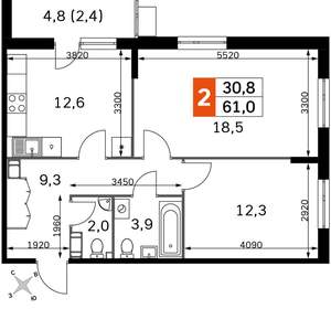 2-к квартира, вторичка, 61м2, 2/22 этаж
