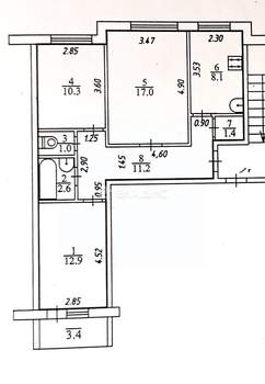 3-к квартира, вторичка, 65м2, 6/9 этаж