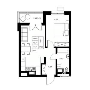1-к квартира, вторичка, 52м2, 12/21 этаж