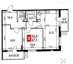 2-к квартира, вторичка, 67м2, 2/22 этаж
