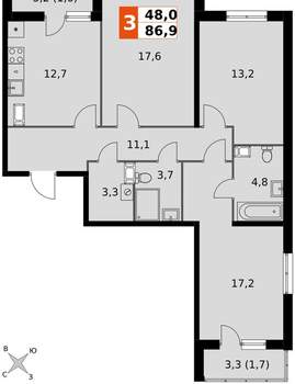 3-к квартира, вторичка, 87м2, 22/24 этаж
