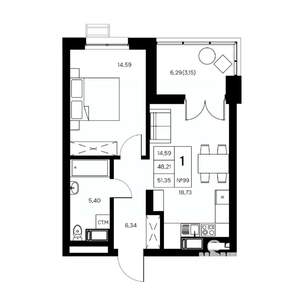 1-к квартира, вторичка, 51м2, 21/21 этаж