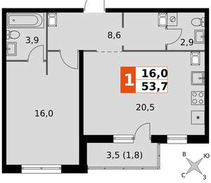 1-к квартира, вторичка, 54м2, 8/24 этаж