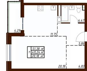 1-к квартира, вторичка, 51м2, 8/19 этаж