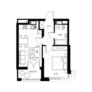 1-к квартира, вторичка, 47м2, 3/21 этаж
