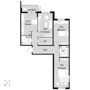 3-к квартира, вторичка, 90м2, 13/22 этаж
