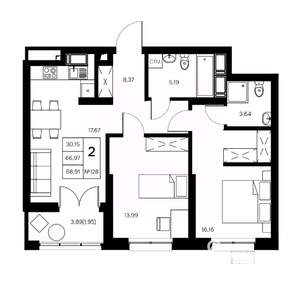2-к квартира, вторичка, 69м2, 7/21 этаж