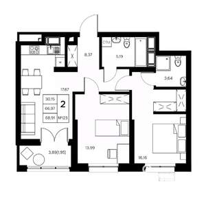 2-к квартира, вторичка, 69м2, 6/21 этаж