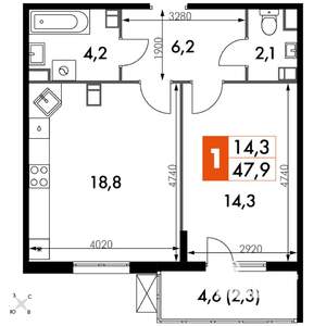 1-к квартира, вторичка, 48м2, 9/24 этаж