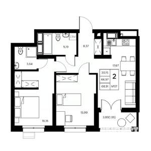 2-к квартира, вторичка, 69м2, 13/21 этаж